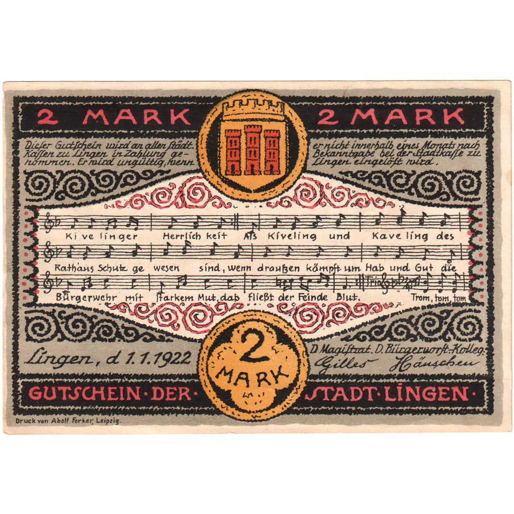 Allemagne, Lingen Stadt, 2 Mark, personnage, 1921, 1921-04-01, SUP+, Mehl:803.4