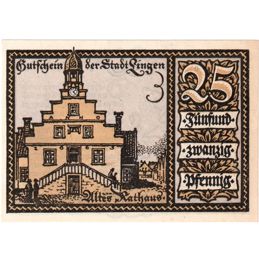 Niemcy, Lingen Stadt, 25 Pfennig, Ecusson, 1921, 1921-04-01, UNC(63), Mehl:803.2