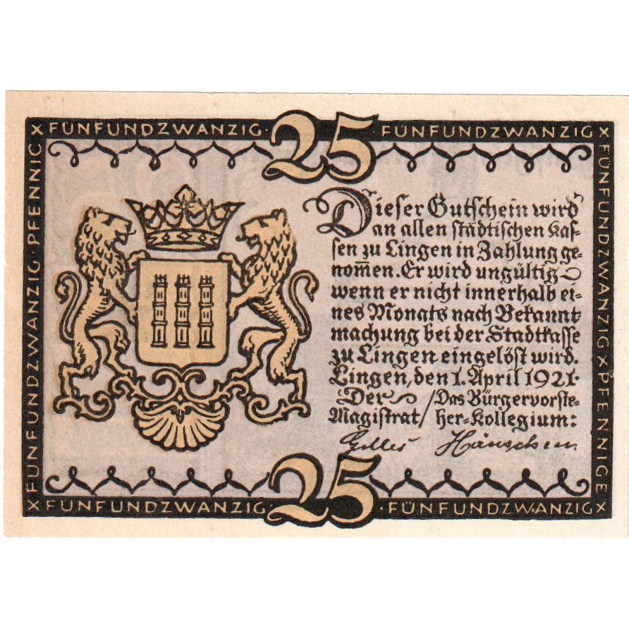 Niemcy, Lingen Stadt, 25 Pfennig, Ecusson, 1921, 1921-04-01, UNC(63), Mehl:803.2