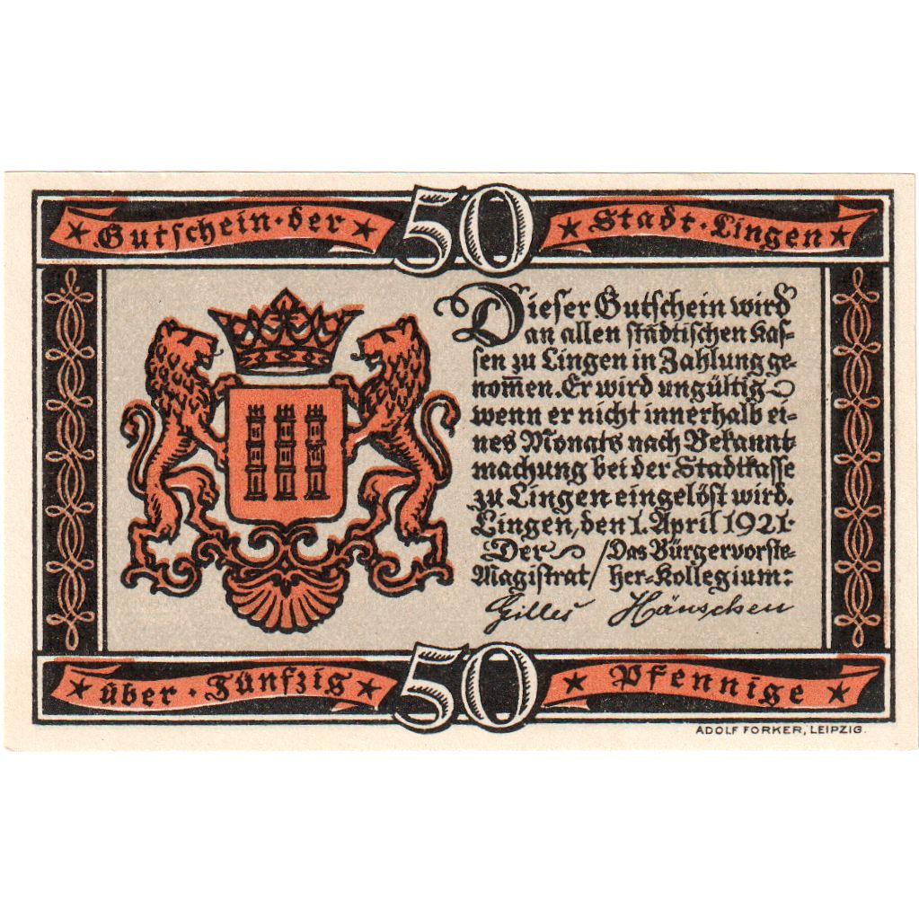 Deutschland, Lingen Stadt, 50 Pfennig, paysage, 1921, 1921-04-01, UNZ-