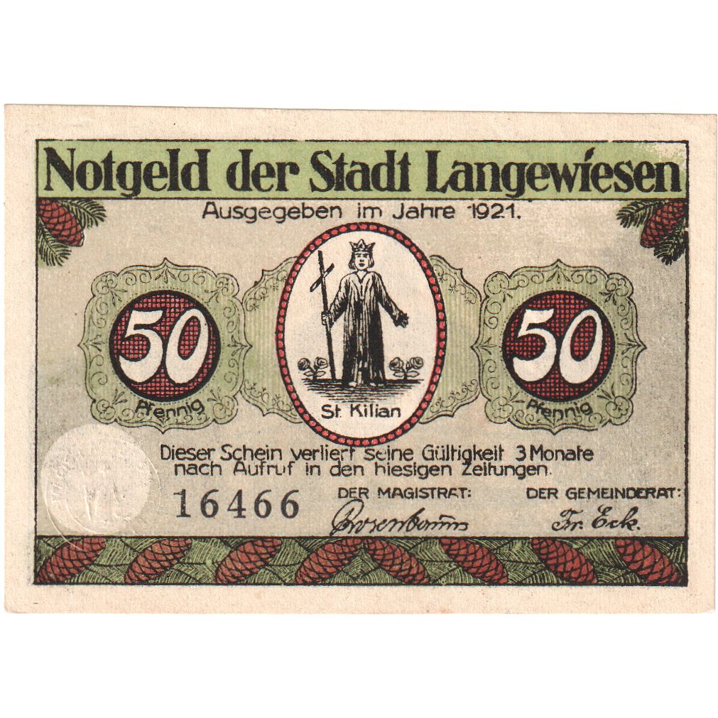 Deutschland, Langewiesen, 50 Pfennig, Eglise, 1921, Undated (1921), UNZ-