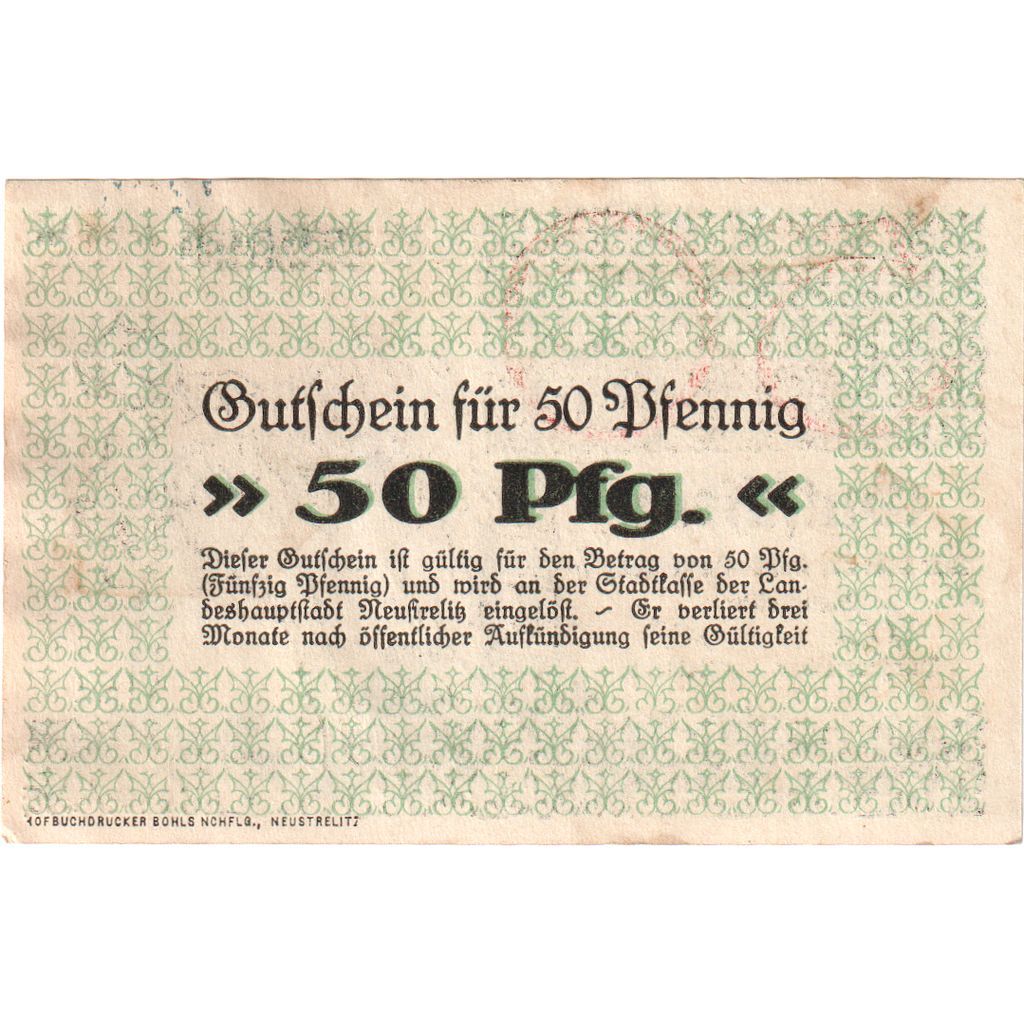 Germania, Neustrelitz Stadt, 50 Pfennig, Texte, 1920, 1920-10-01, SPL