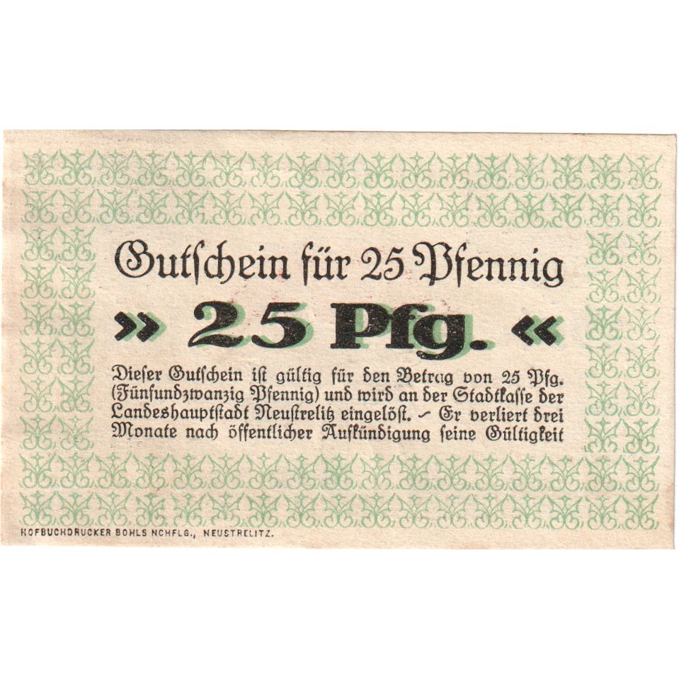 Germania, Neustrelitz Stadt, 25 Pfennig, Texte, 1920, 1920-10-01, SPL