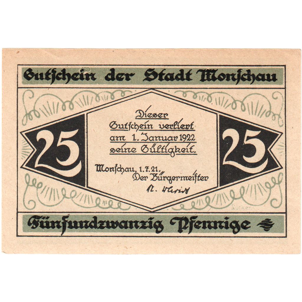 Germania, Monschau, 25 Pfennig, paysage, 1921, 1921-07-01, SPL, Mehl:897.1