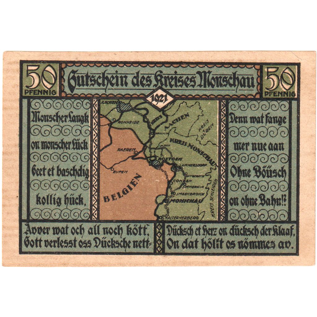 Germania, Monschau, 50 Pfennig, carte, 1921, 1921-07-01, SPL, Mehl:897.1