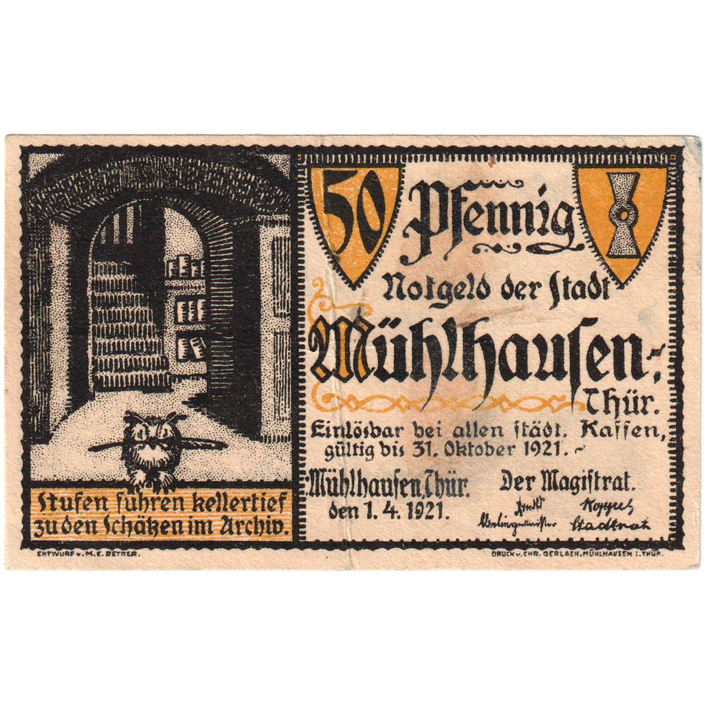 Germania, Mühlhausen Stadt, 50 Pfennig, Texte, 1921, 1921-10-31, SPL