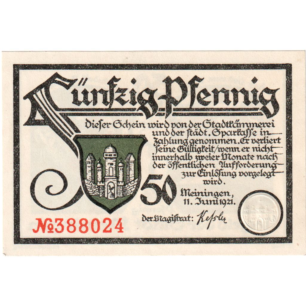 Germania, Meiningen, 50 Pfennig, personnage, 1921, 1921-06-11, FDS, Mehl:877.1