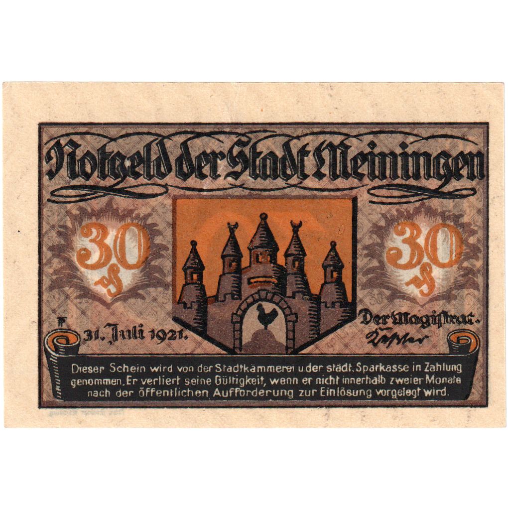 Deutschland, Meiningen, 30 Pfennig, chateau 6, 1921, 1921-07-31, UNZ, Mehl:877.4