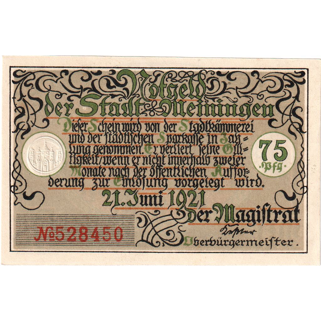 Deutschland, Meiningen, 75 Pfennig, Eglise, 1921, 1921-06-21, UNZ-, Mehl:877.2