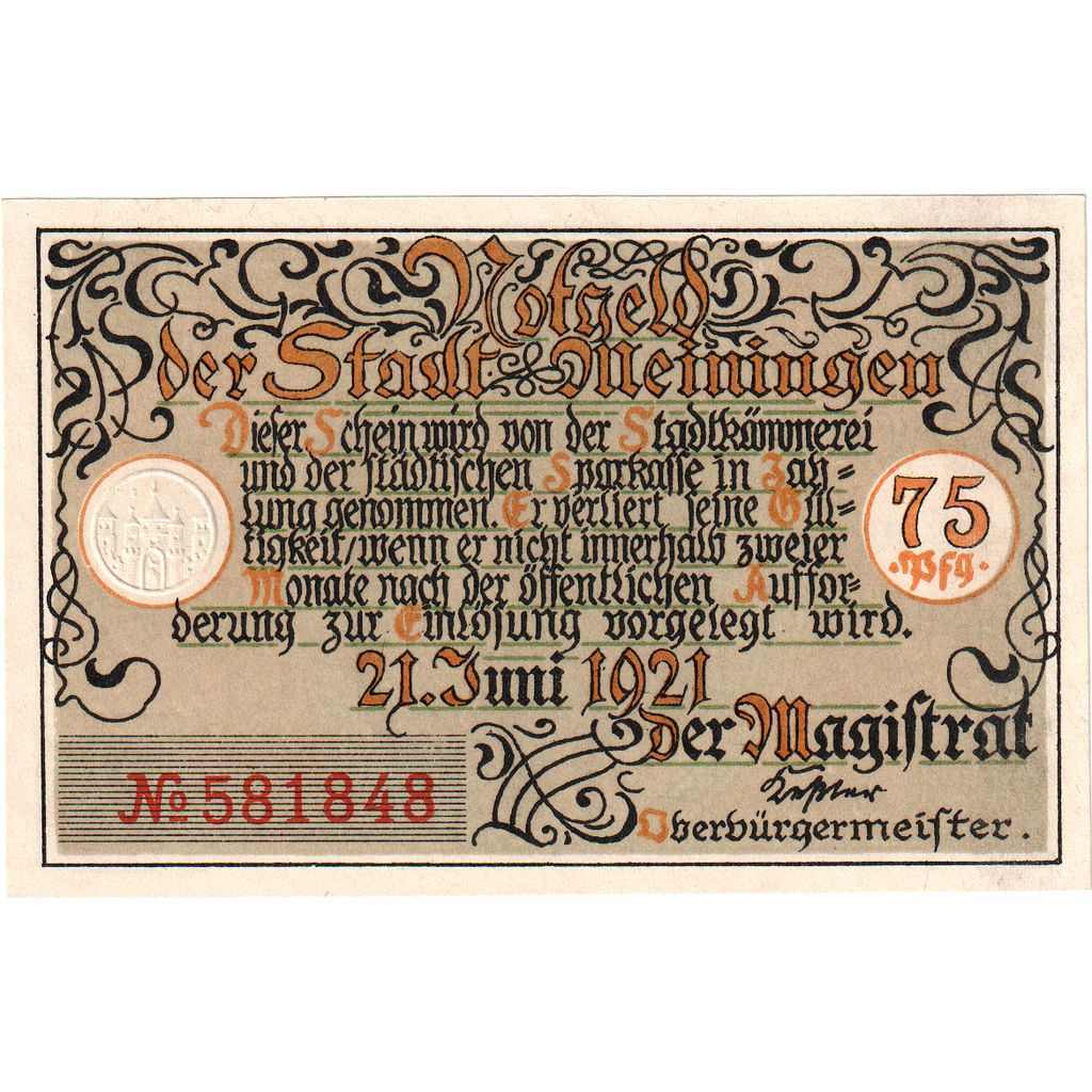 Deutschland, Meiningen, 75 Pfennig, personnage, 1921, 1921-06-21, UNZ-