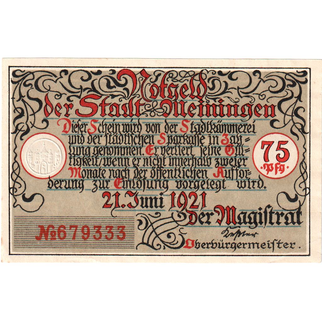 Deutschland, Meiningen, 75 Pfennig, porte, 1921, 1921-06-21, UNZ-, Mehl:877.2