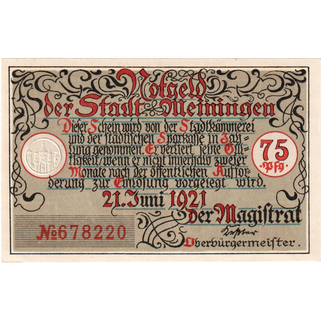 Deutschland, Meiningen, 75 Pfennig, Batiment, 1921, 1921-06-21, UNZ-, Mehl:877.2