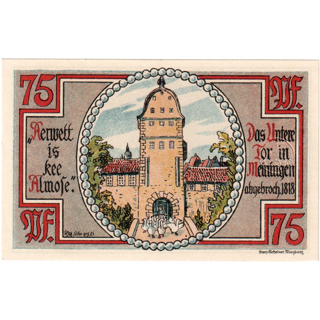 Deutschland, Meiningen, 75 Pfennig, Batiment, 1921, 1921-06-21, UNZ-, Mehl:877.2
