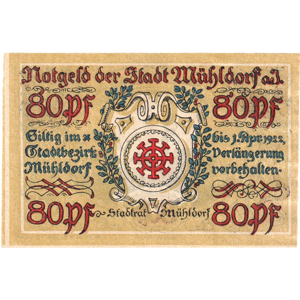 Deutschland, Mühldorf Stadt, 80 Pfennig, village, 1922, 1922-04-01, VZ+