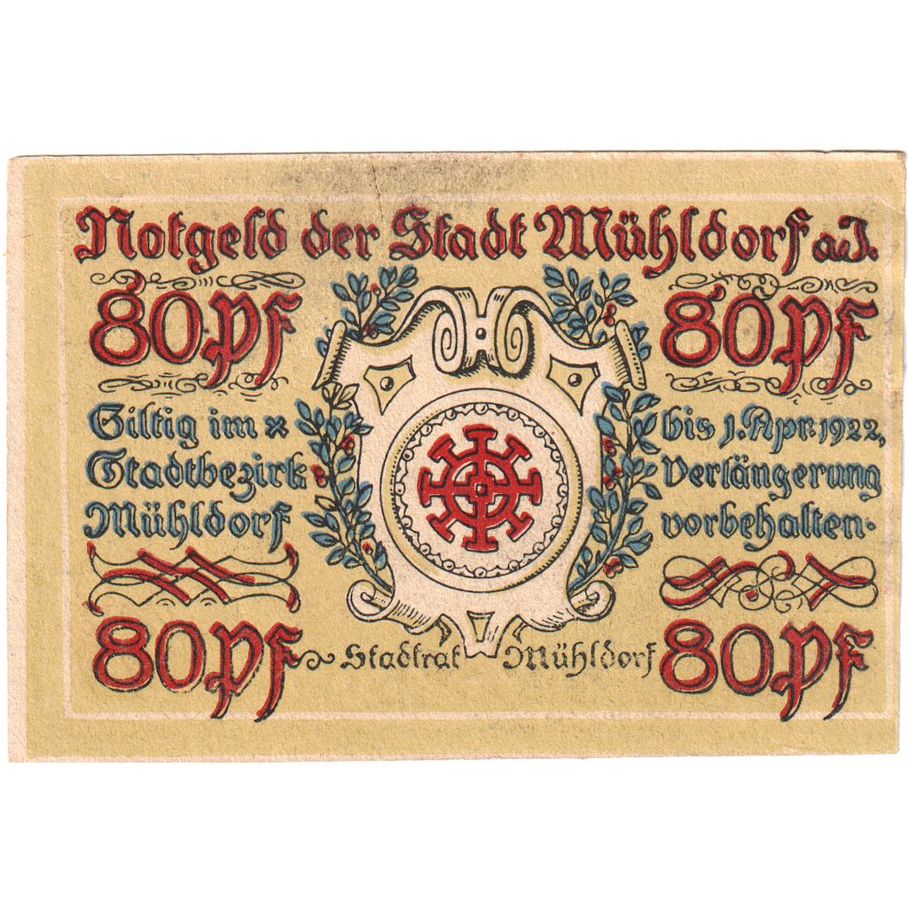 Deutschland, Mühldorf Stadt, 80 Pfennig, village 1, 1922, 1922-04-01, VZ+