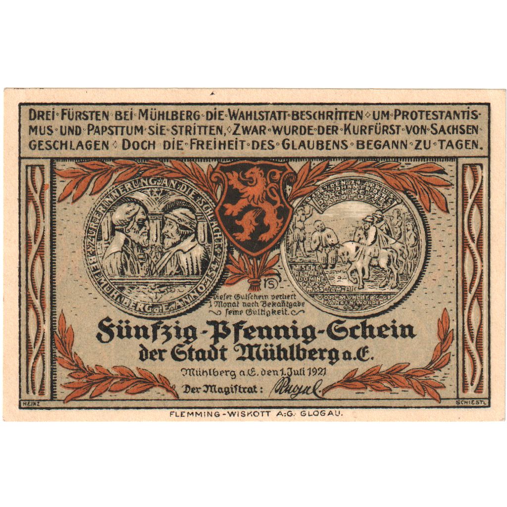 Germania, Mühlberg, 50 Pfennig, chevalier 1, 1921, 1921-07-01, FDS, Mehl:903.1