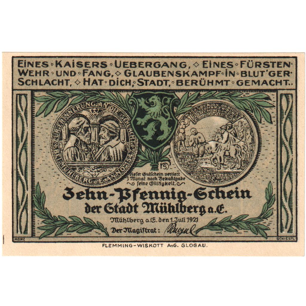Niemcy, Mühlberg, 10 Pfennig, Place 2, 1921, 1921-07-01, UNC(65-70), Mehl:903.1