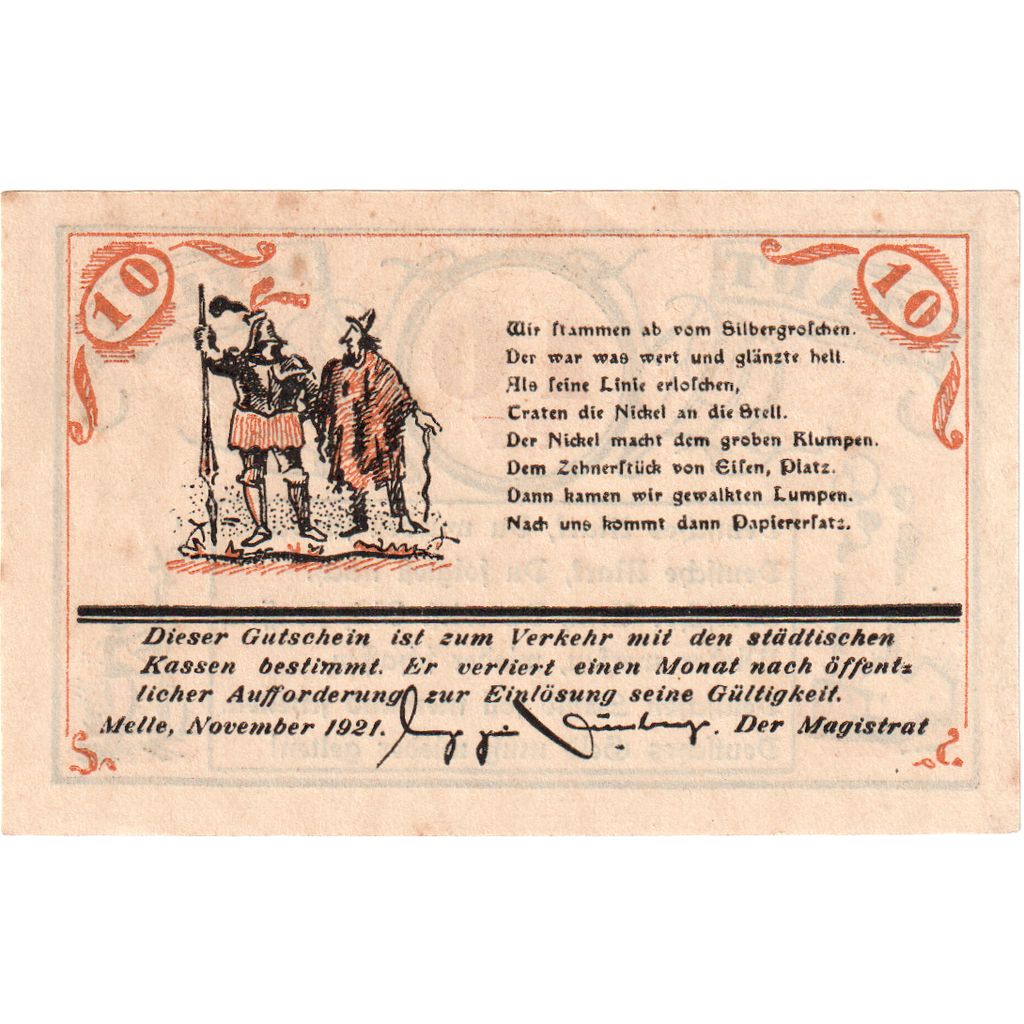 Deutschland, Melle, 10 Pfennig, personnage 3, 1921, VZ+, Mehl:879.1