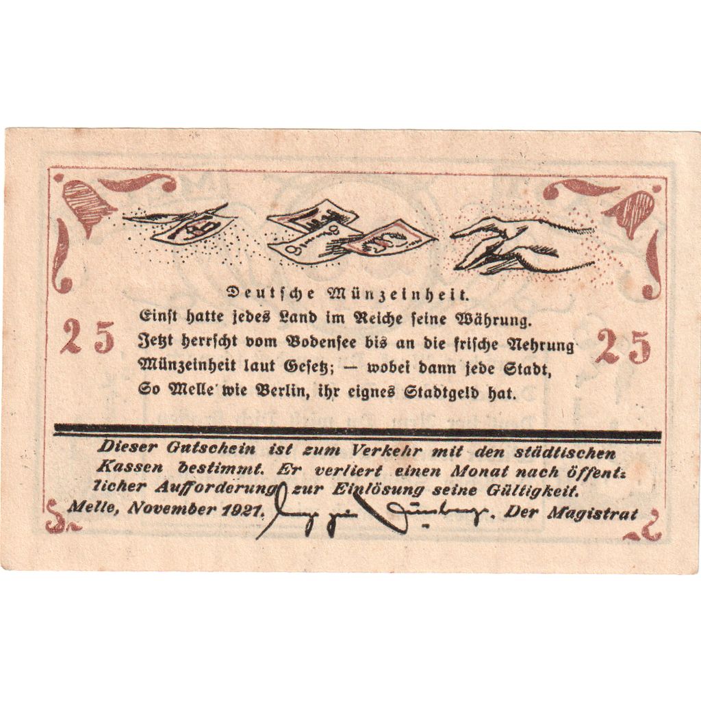 Deutschland, Melle, 25 Pfennig, mains, 1921, VZ+, Mehl:879.1