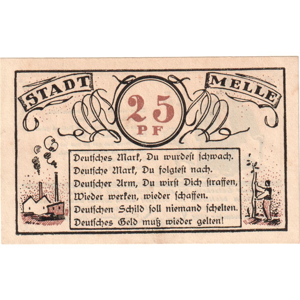 Niemcy, Melle, 25 Pfennig, personnage, 1921, UNC(60-62), Mehl:879.1