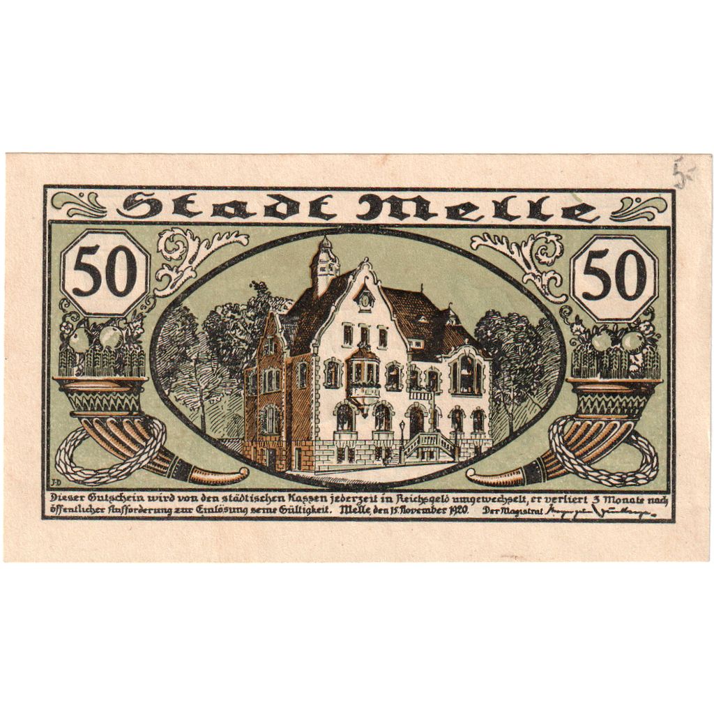 Geldschein, Deutschland, Melle, 50 Pfennig, personnage, 1920, UNZ- Mehl:M27.7c