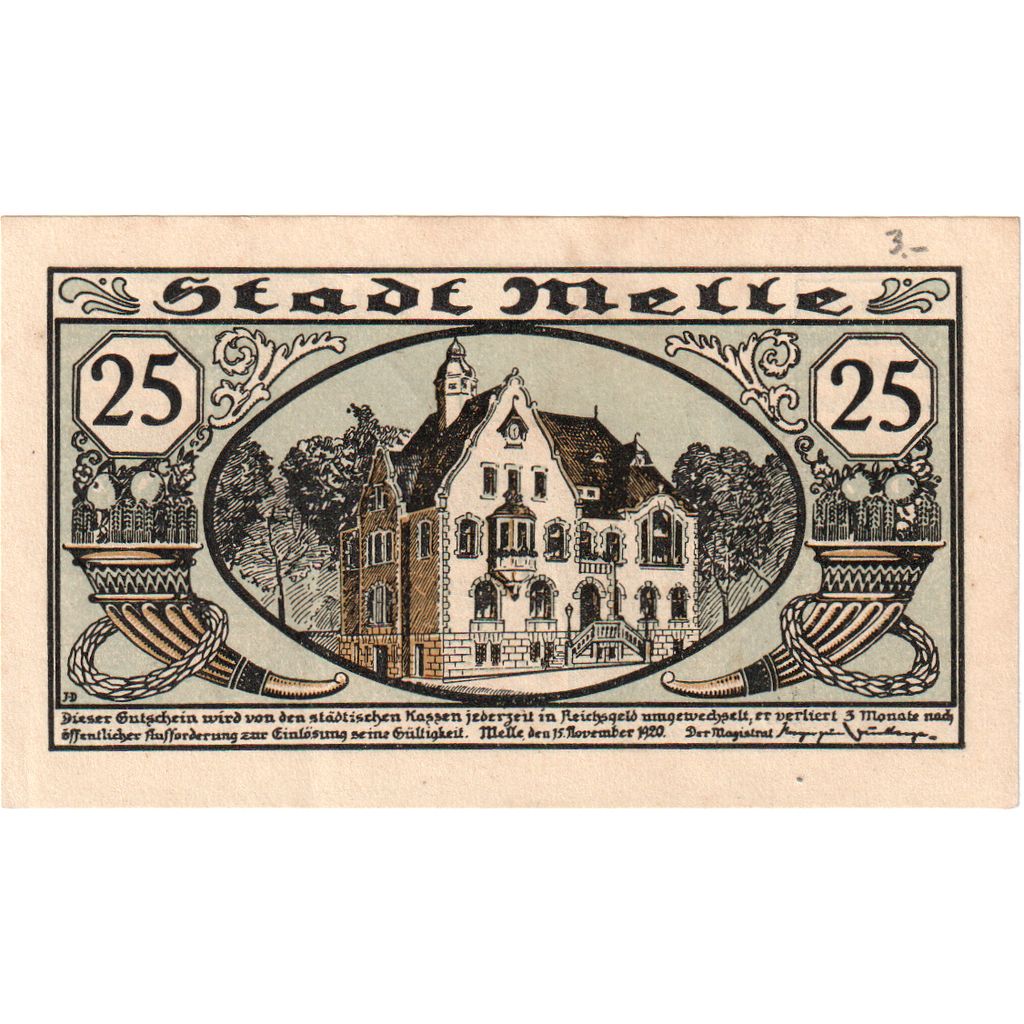 Allemagne, Melle, 25 Pfennig, personnage, 1920, 1920-11-15, SPL, Mehl:M 27.7c