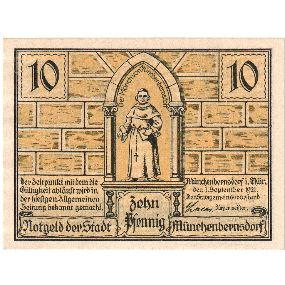 Deutschland, Munchenbernsdorf, 10 Pfennig, personnage, 1921, 1921-09-01, UNZ