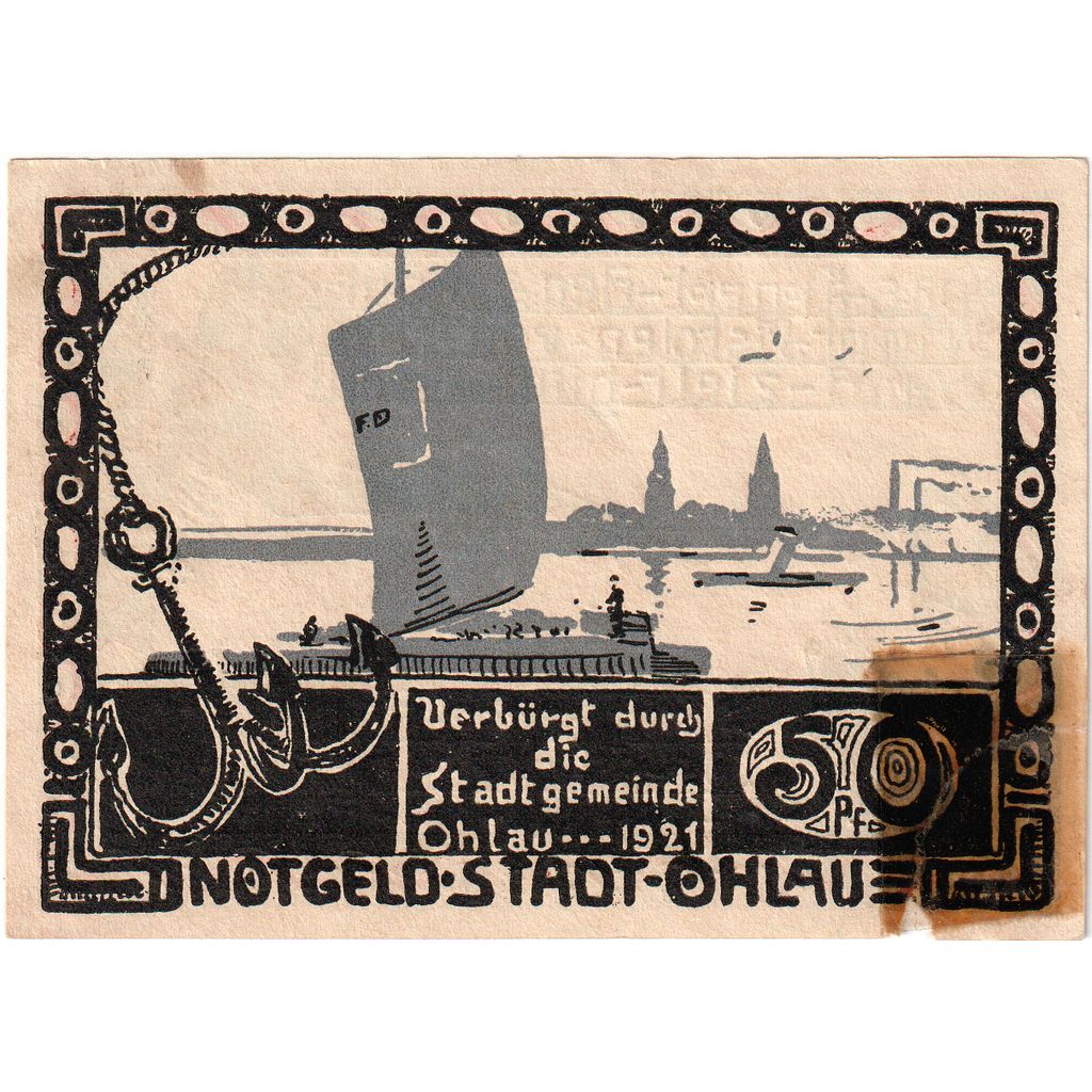 Niemcy, Ohlau Stadt, 50 Pfennig, bateau 2, 1921, AU(50-53), Mehl:1011.1