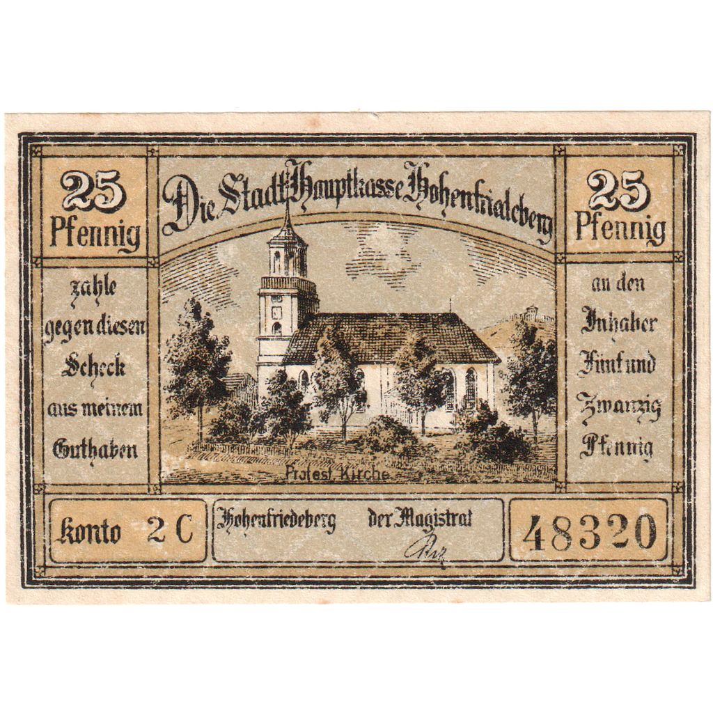 Germany, Hohenfriedeberg, 25 Pfennig, Monument, O.D, UNC(65-70), Mehl:620.1