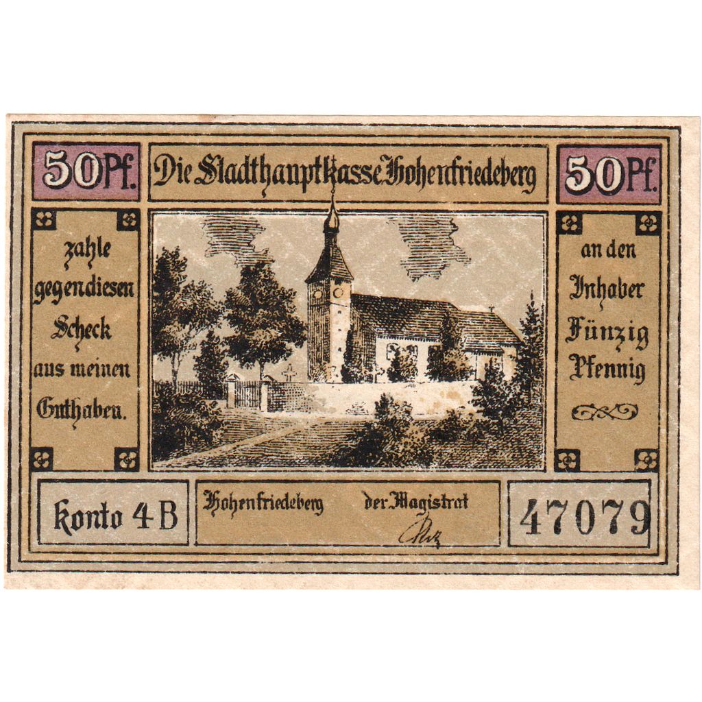 Niemcy, Hohenfriedeberg, 50 Pfennig, chevalier, O.D, UNC(63), Mehl:620.1