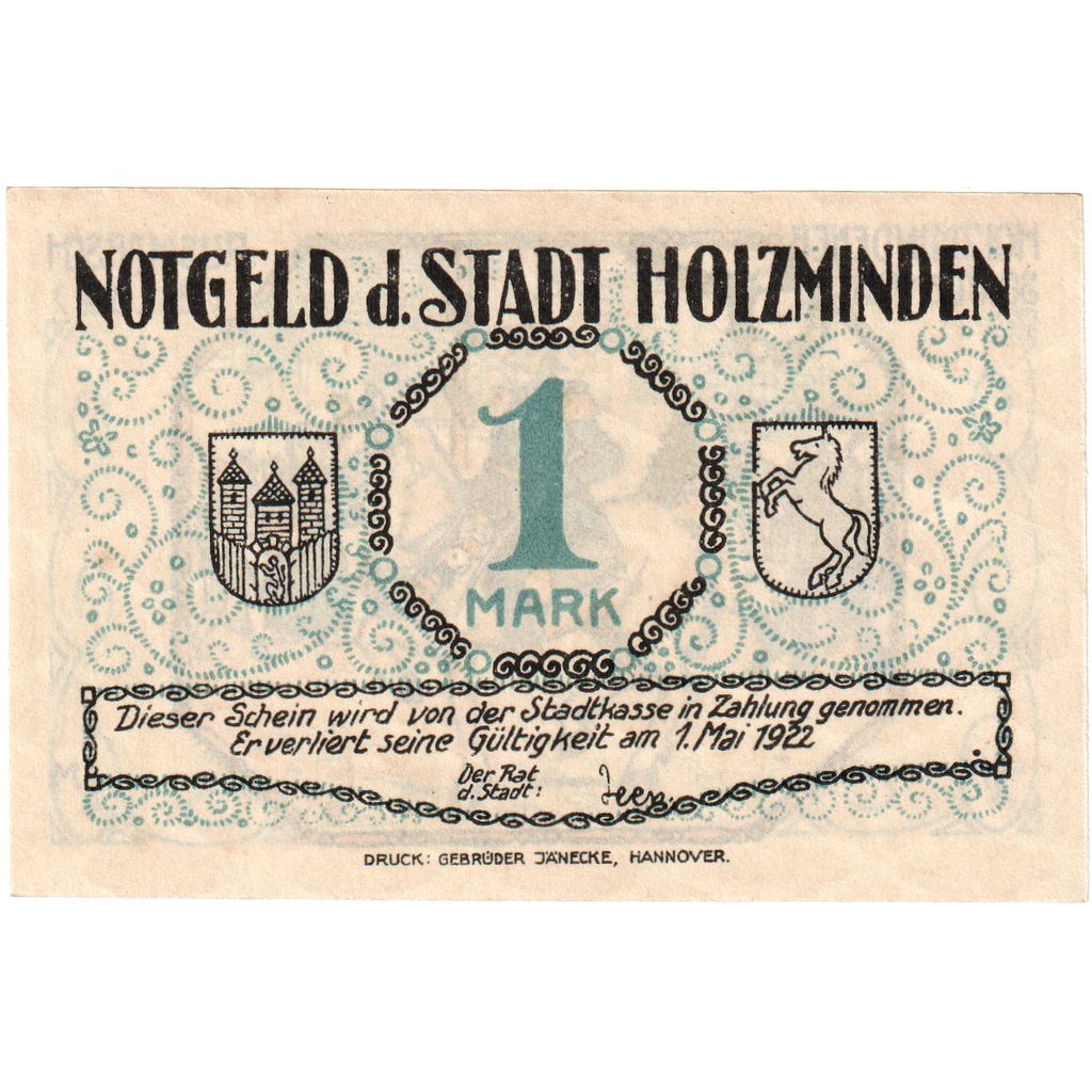 Deutschland, Holzminden, 1 Mark, personnage, 1922, 1922-05-01, UNZ-, Mehl:625.1