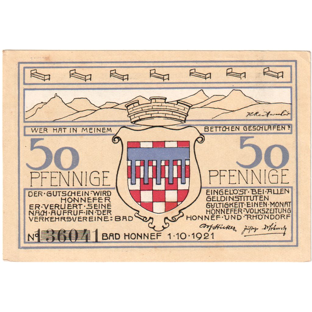 Deutschland, Honnef a. Rhein Verkehrsvereine Bad Honnef Rhöndorf, 50 Pfennig