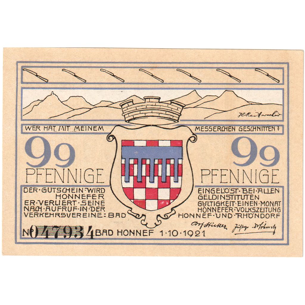 Germania, Honnef a. Rhein Verkehrsvereine Bad Honnef Rhöndorf, 99 Pfennig