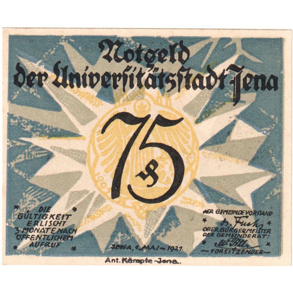 Banconote, Germania, Jena Stadt, 75 Pfennig, personnage, 1921, 1921-05-01, SPL