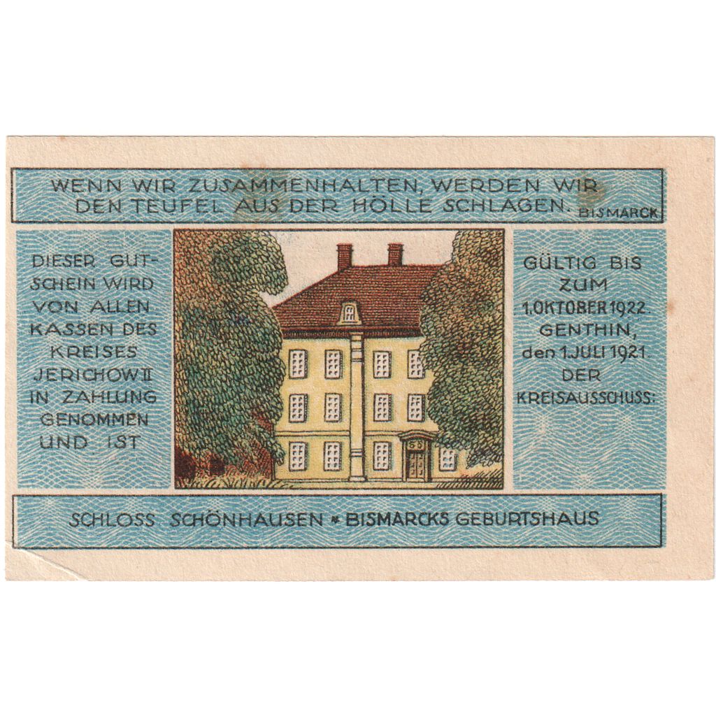 Deutschland, Jerichow, 1 Mark, portrait, 1921, 1921-07-01, VZ, Mehl:658.2