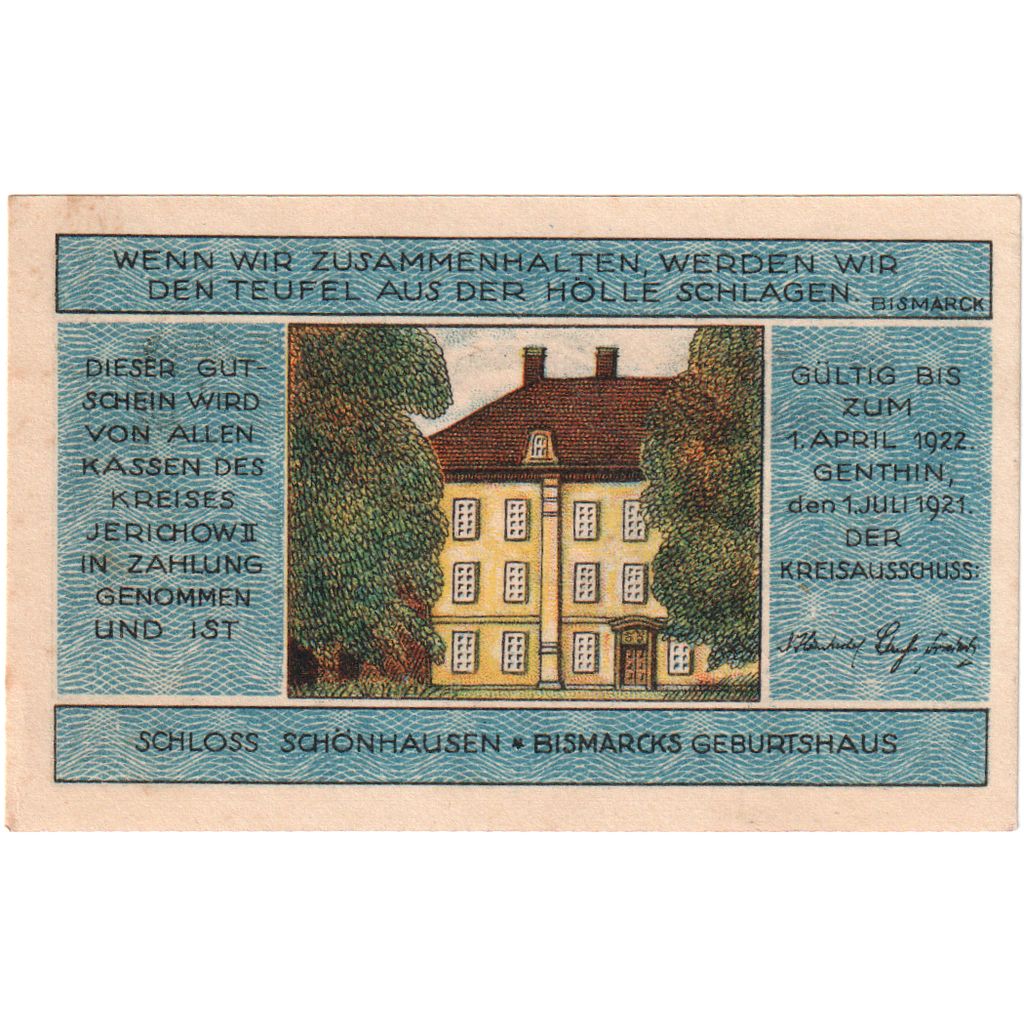 Niemcy, Jerichow, 1 Mark, portrait 1, 1921, 1921-07-01, UNC(60-62), Mehl:658.2