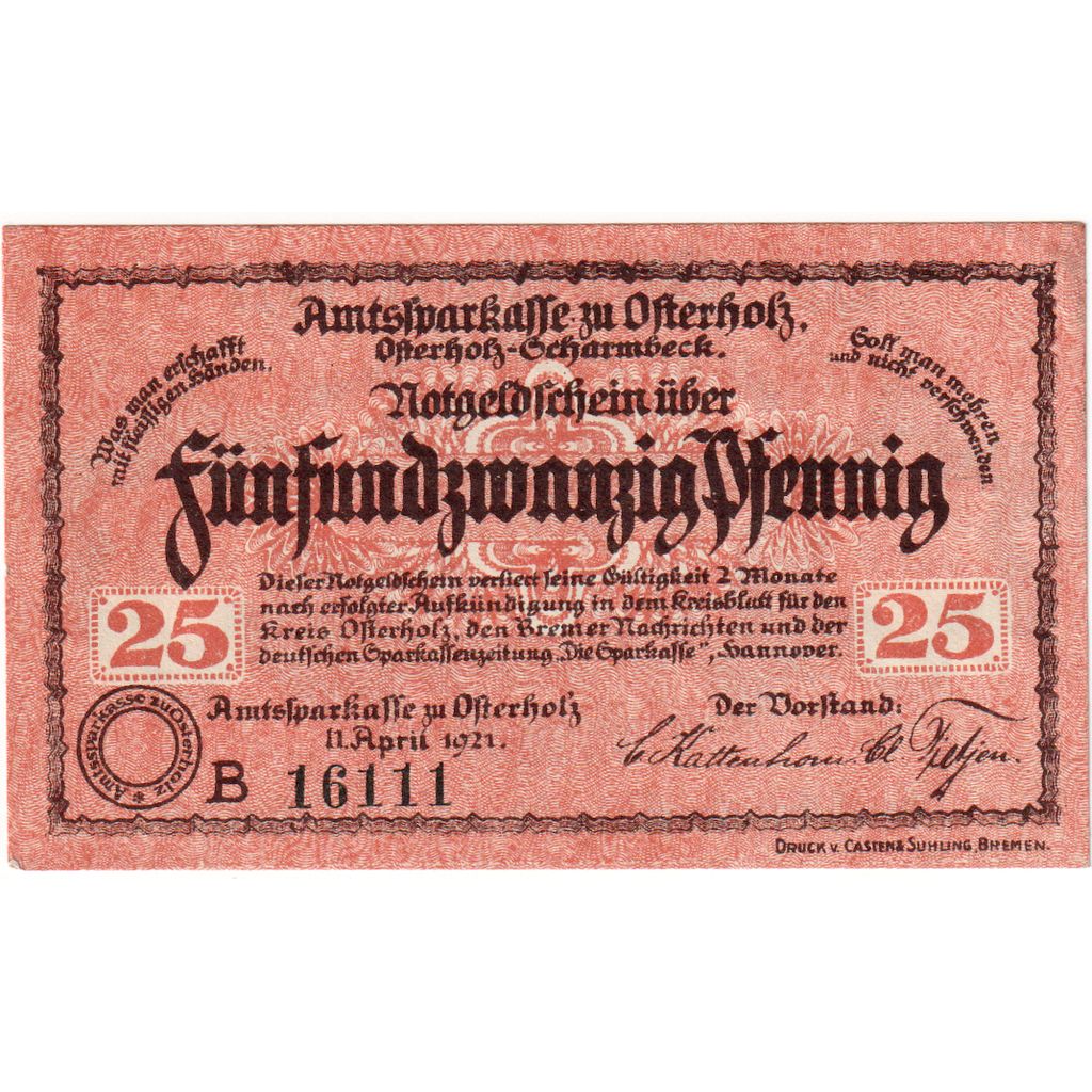 Niemcy, Osterholz Amtssparkasse, 25 Pfennig, Palais de Justice, 1921