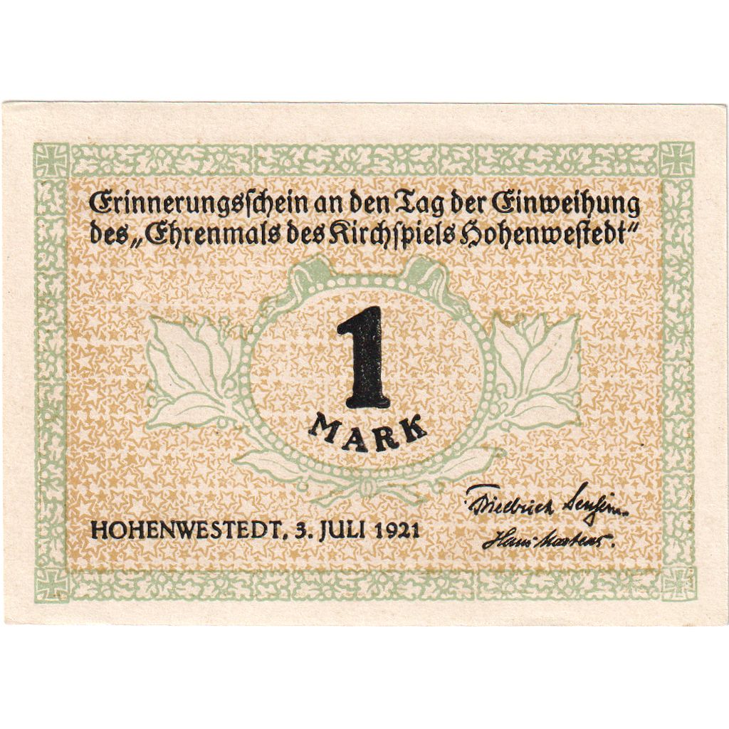 Deutschland, Hohenwestedt, 1 Mark, rempart, 1921, 1921-07-03, VZ+, Mehl:622.1