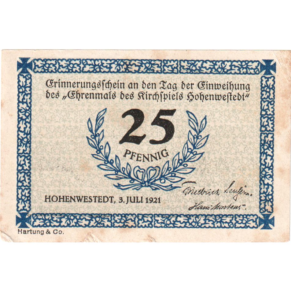 Deutschland, Hohenwestedt, 25 Pfennig, personnage, 1921, 1921-07-03, VZ+