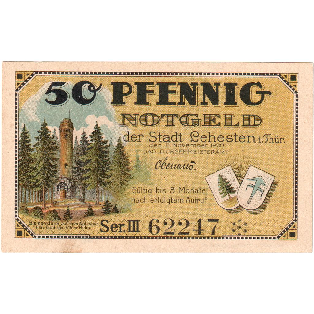 Niemcy, Lehesten Stadt, 50 Pfennig, texte 1, 1921, UNC(60-62), Mehl:783.1