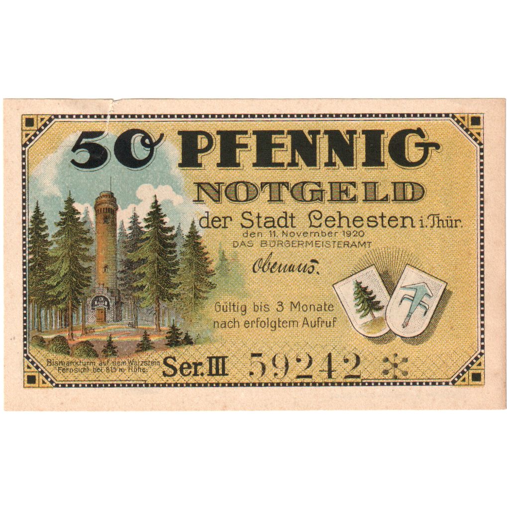 Deutschland, Lehesten Stadt, 50 Pfennig, Texte 2, 1921, VZ+, Mehl:783.1