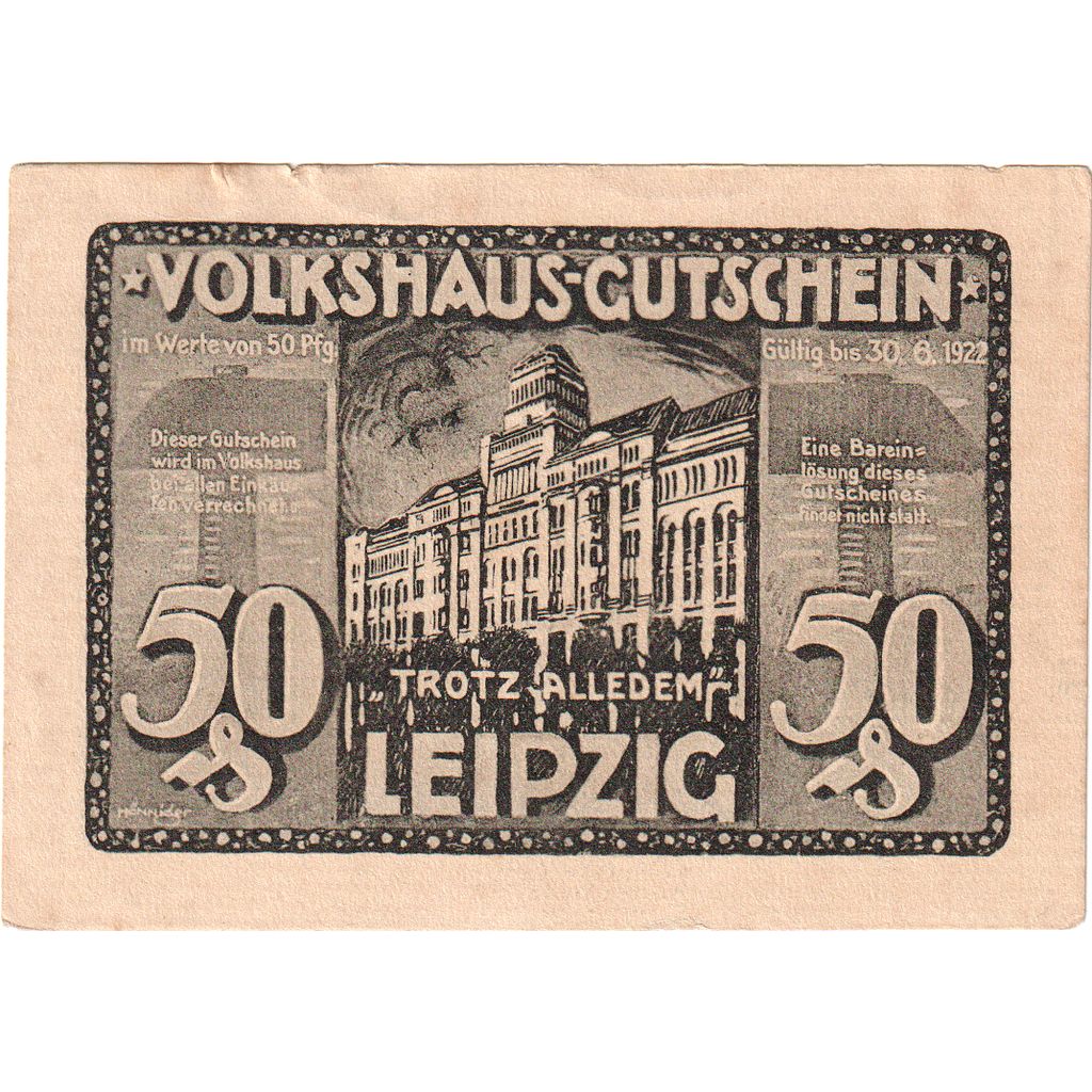 Deutschland, Leipzig Stadt, 50 Pfennig, Batiment, 1922, 1922-06-30, UNZ-