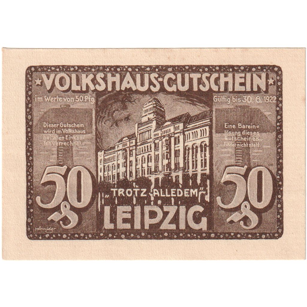 Deutschland, Leipzig Stadt, 50 Pfennig, batiment 1, 1922, 1922-06-30, UNZ-