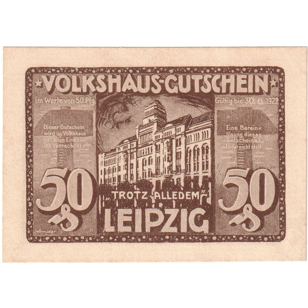 Deutschland, Leipzig Stadt, 50 Pfennig, batiment 3, 1922, 1922-06-30, UNZ-