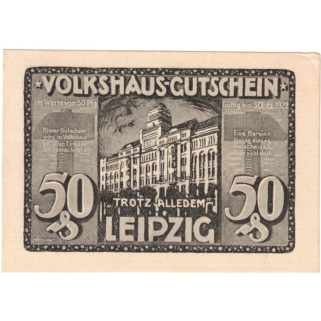 Germania, Leipzig Stadt, 50 Pfennig, Batiment 4, 1922, 1922-06-30, SPL+