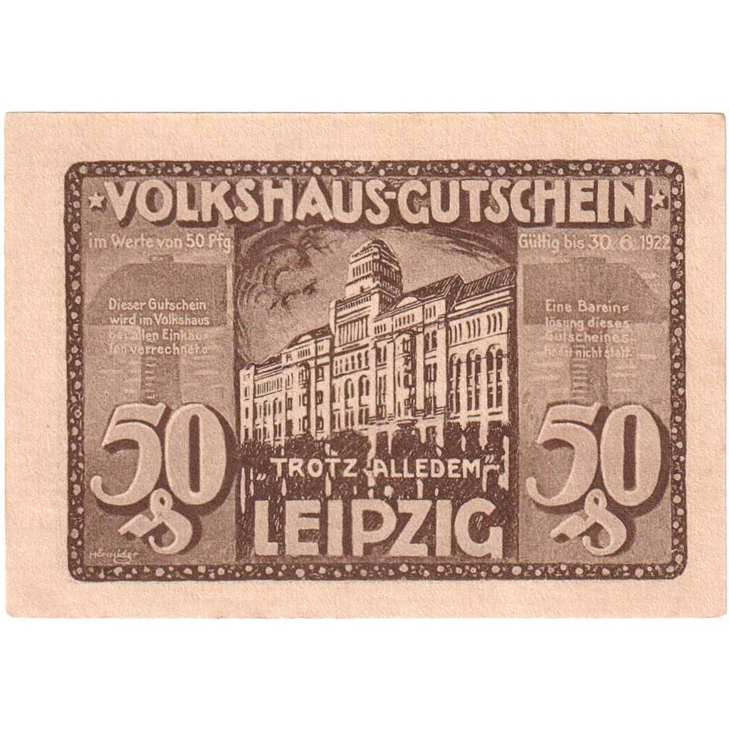 Niemcy, Leipzig Stadt, 50 Pfennig, batiment 7, 1922, 1922-06-30, UNC(64)