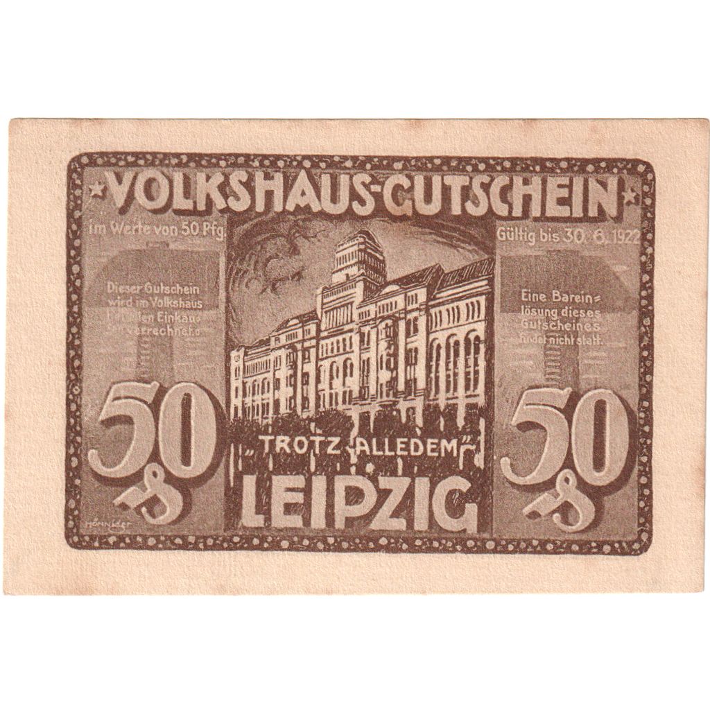 Deutschland, Leipzig Stadt, 50 Pfennig, Batiment 8, 1922, 1922-06-30, UNZ-