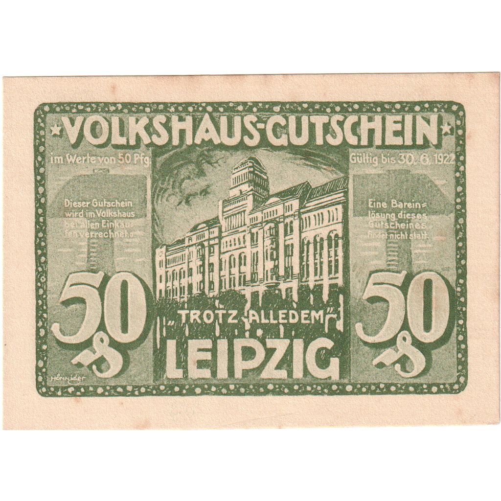 Germania, Leipzig Stadt, 50 Pfennig, Batiment 9, 1922, 1922-06-30, SPL+