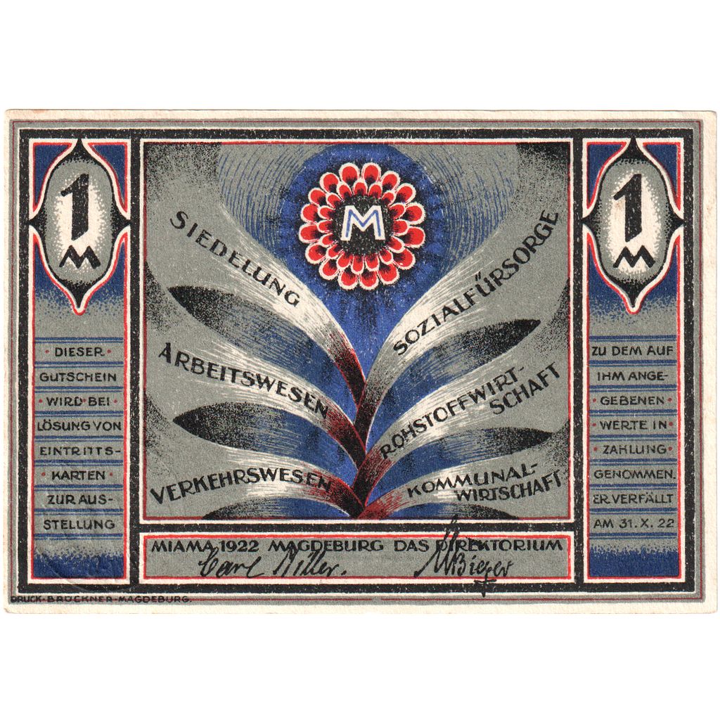 Niemcy, Magdeburg, 1 Mark, place, 1922, 1922-10-31, UNC(60-62), Mehl:855.1