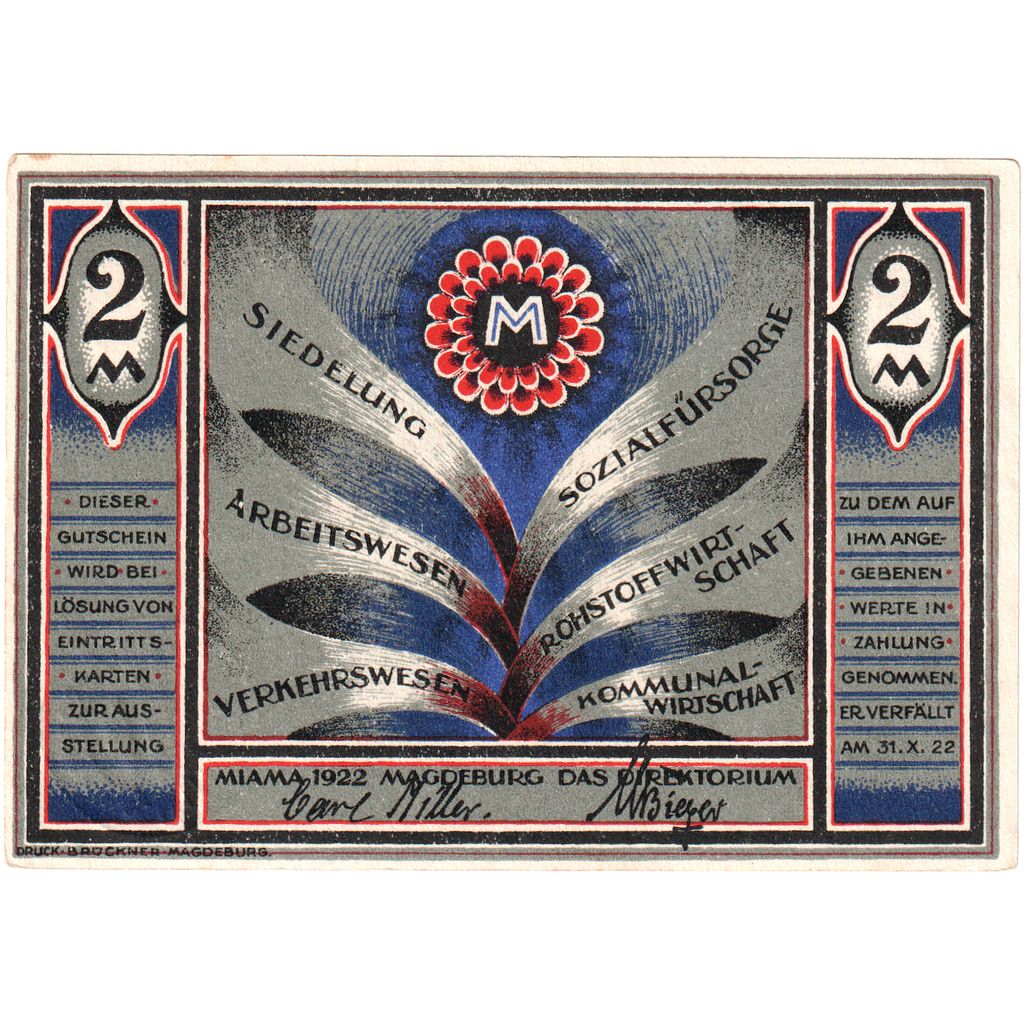 Niemcy, Magdeburg, 2 Mark, place, 1922, 1922-10-31, UNC(60-62), Mehl:855.1